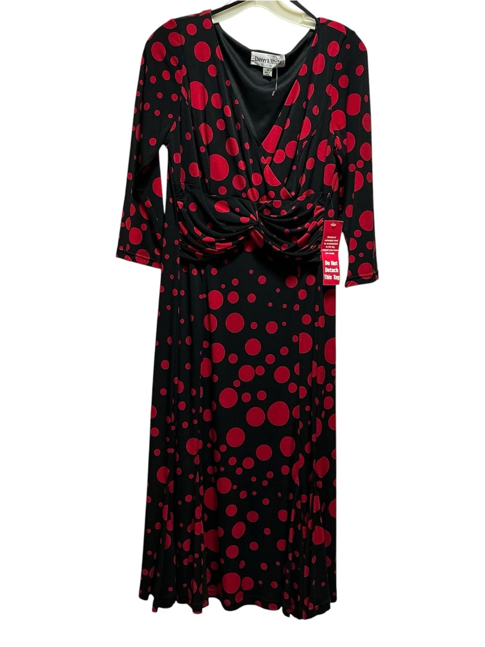 NWT Danny & Nicole Women’s Black Dress Red Polka Dots Waist & Bottom Accents 14